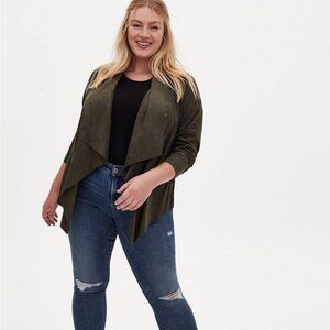 TORRID Fall Green Soft Faux Suede Drape Front Jacket Size 1